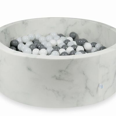 Bällebad aus Marmor mit 500 weißen, grauen, schwarzen Bällen – 115 x 40 cm – rund