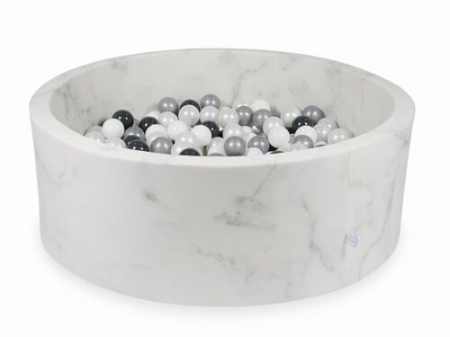 Ballenbak marmer met 500 parelmoer, wit, zilveren ballen - 115 x 40 cm - rond