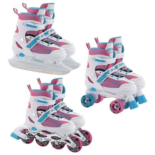 Inline skate, rolschaats en schaats -  3-in-1  - maat 34-37 - wit, roze blauw