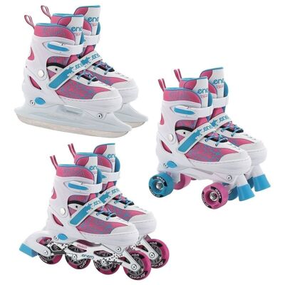 Inline skate, roller skate and skate - 3-in-1 - size 34-37 - white, pink blue