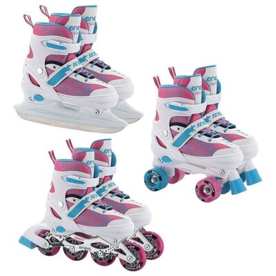 Rollers en ligne, patins à roulettes et patins - 3 en 1 - taille 34-37 - blanc, rose bleu