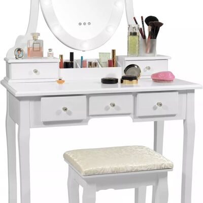 Wooden dressing table white - with LED-lit mirror - with matching stool - 80x40x137 cm