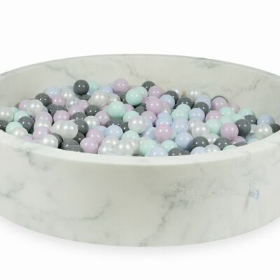 Piscine à balles en marbre avec 600 boules menthe, rose, nacre, bleu clair et grise - 130 x 30 cm - ronde
