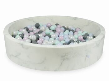 Piscine à balles en marbre avec 600 boules menthe, rose, nacre, bleu clair et grise - 130 x 30 cm - ronde