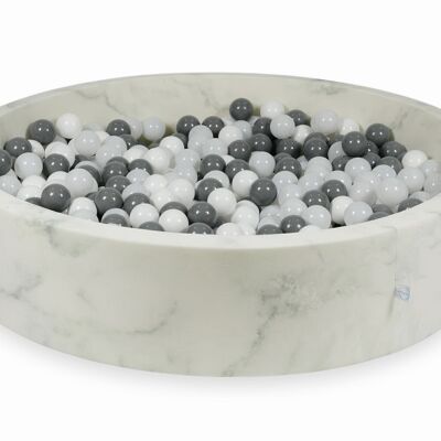 Piscine à balles en marbre avec 600 boules blanches, grises, gris foncé - 130 x 30 cm - ronde
