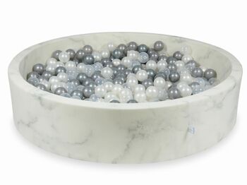 Piscine à boules en marbre avec 600 boules en nacre, transparentes et argentées - 130 x 30 cm - ronde