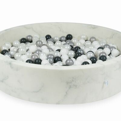 Piscina de bolas de mármol con 600 bolas de nácar, blancas, plateadas y negras - 130 x 30 cm - redonda