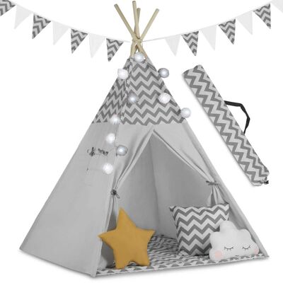 Tipi tent - Child's play tent - with light & cushions - zigzag