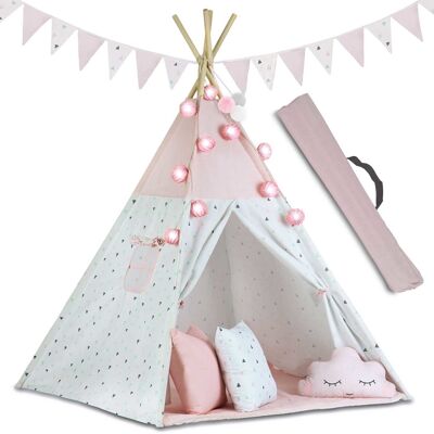 Tipi Wigwam tent - play tent with light & streamers - Pink