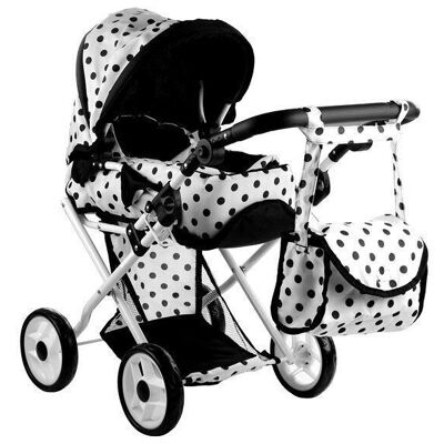 Doll pram white black dots - 67 x 36 x 67 cm - with carrying bag