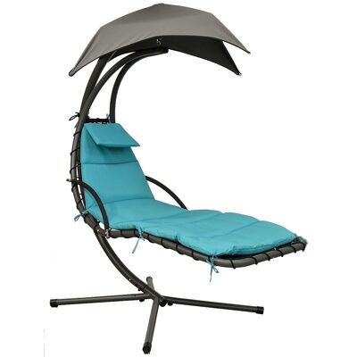 Chaise de jardin transat avec pare-soleil - 190x205x105 cm - turquoise & gris