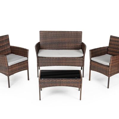 Conjunto de muebles de jardín marrón - Mesa, sofá y 2 sillones de poliratán