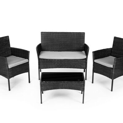 Set mobili da giardino grigio - Tavolo, divano e 2 poltrone in polyrattan