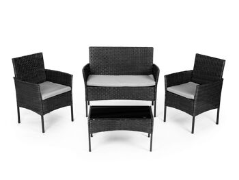 Salon de jardin gris - Table, canapé et 2 fauteuils en polyrotin