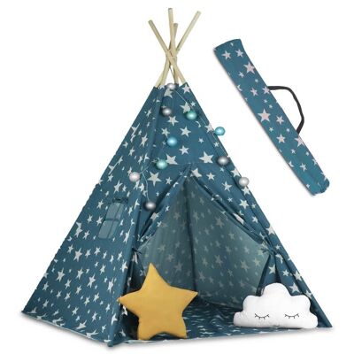 Tipi tent - Child's play tent - with light & cushions - blue
