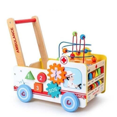 Houten ambulance loopwagen met speelpuzzel