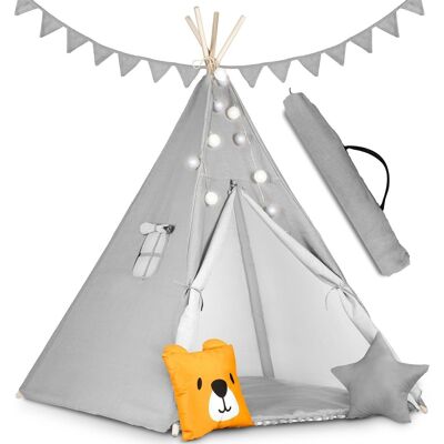 Tente Tipi - Tente de jeu pour enfant - avec lumière et coussins - gris
