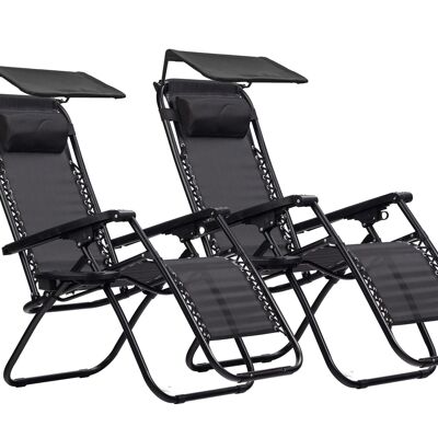 Ensemble chaise longue de jardin noir - 2 pièces - réglable avec toit ouvrant
