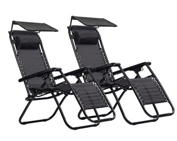 Ensemble chaise longue de jardin noir - 2 pièces - réglable avec toit ouvrant