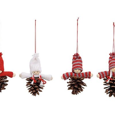Christmas hanger child on pine cones made of textile multicolored 4-fold