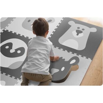Tapis de jeu puzzle en mousse 180x180cm - 9 pièces - animaux gris