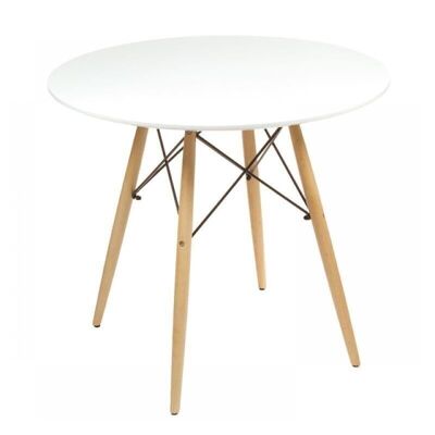Children's table round 60 cm - White with wooden legs - Round table