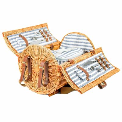 Picnic basket - round - with 2-person tableware + blanket - handmade