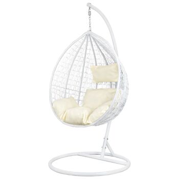Chaise suspendue - Egg chair - structure blanche - coussins beiges - 125 kg max