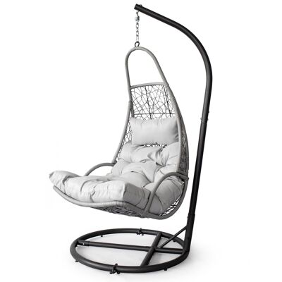 Hanging chair - with stand - light gray cushions - 98x120x203 cm
