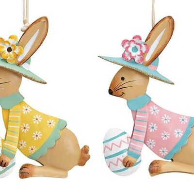 Lapin suspendu avec oeuf de Pâques en métal coloré 2 plis