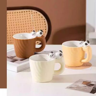 Tazza in ceramica, in 3 colori pastello della terra e gatto in rilievo sul manico MARRONE - BIANCO - BEIGE DF-729