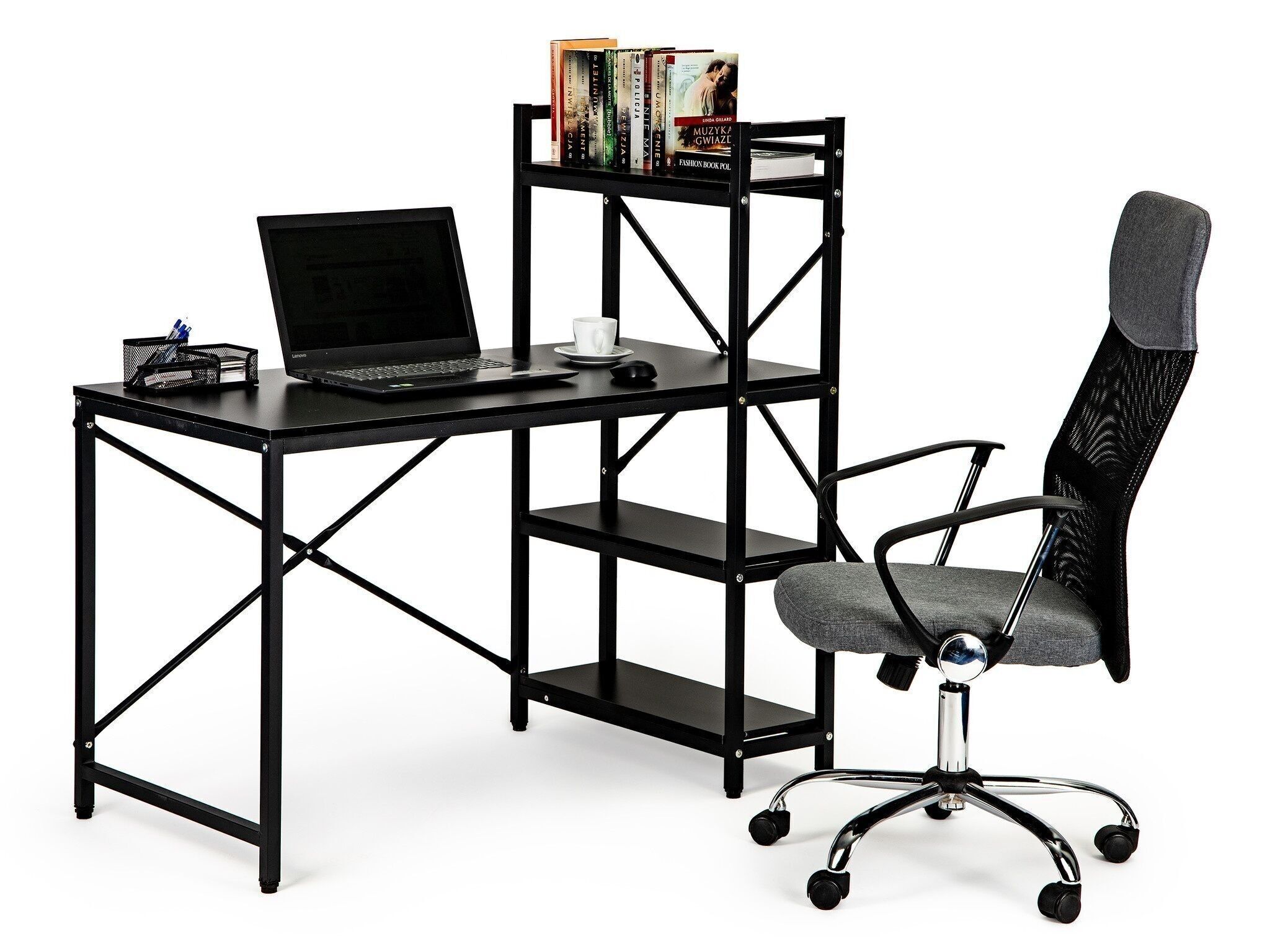 Schreibtisch – mit Regalen – 120 x 64 x 120 cm – schwarz