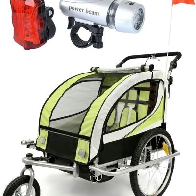 Remorque vélo enfant - buggy - 2 places - avec amortisseur - vert anis