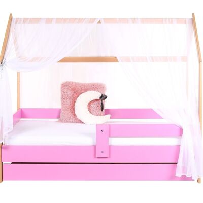 Cama casita infantil de pino rosa de 80x160 cm con somier y colchón