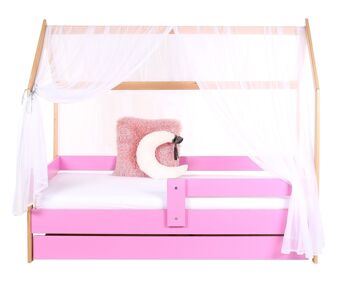 Lit cabane 80x160 cm lit enfant en pin rose avec sommier à lattes et matelas