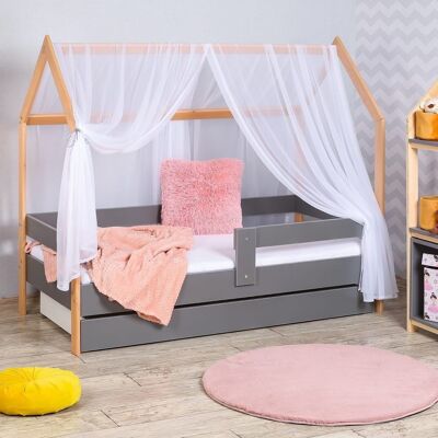 Hausbett 80x160 cm, Kinderbett aus grauem Kiefernholz mit Lattenrost