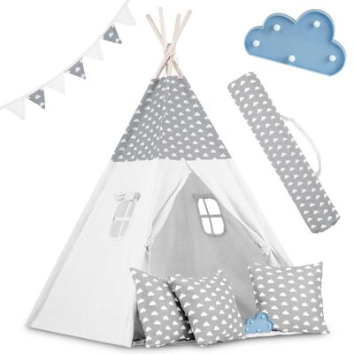 Tenda Tipi - tenda da gioco - grigia e nuvole - con cuscini e luci a LED