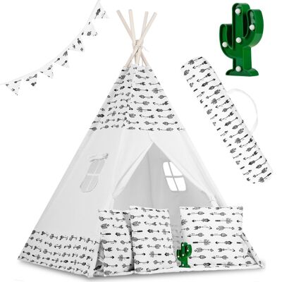 Tipi tent - Play tent - white & arrows - with cushions and lights