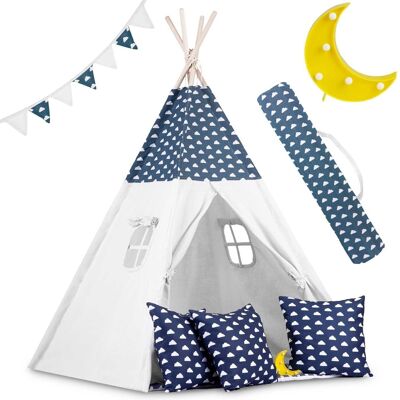 Tente Tipi - Tente de jeu - bleu & nuages - avec coussins et lumière