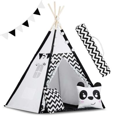 Tipi tent - play tent - black and white panda - with cushions & lights