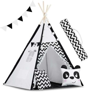 Tente tipi - tente de jeu - panda noir et blanc - avec coussins & lumières