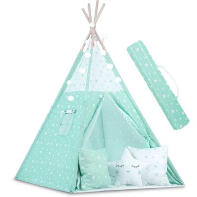 Tipi-Zelt – Spielzelt – Mint & Sterne – mit Kissen und Lichtern