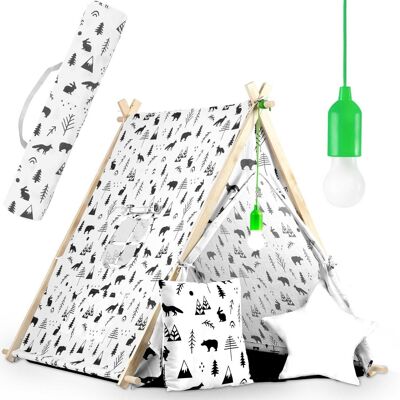 Speeltent - met lamp en kussens - zwart wit