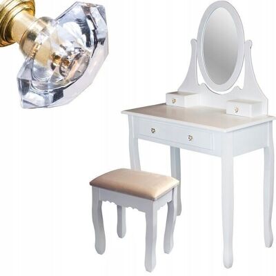 Wooden dressing table white with gold knobs with mirror and stool - 80x40x134 cm