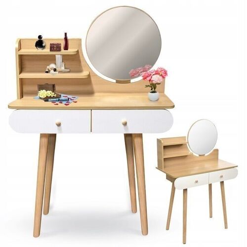 Kaptafel - ronde spiegel - make up tafel - 80x40x122 cm - hout