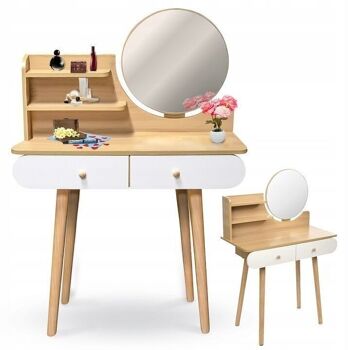 Coiffeuse - miroir rond - table de maquillage - 80x40x122 cm - bois