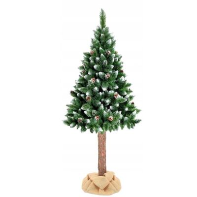 Artificial Christmas tree 180 cm - with snow and pine cones and wooden trunk