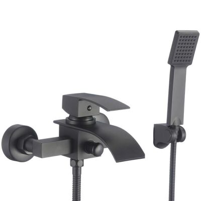 Bath tap with hand shower - surface-mounted - flat spout - black