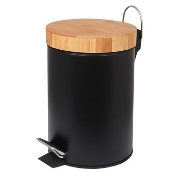 Poubelle de salle de bain - noir - acier/bambou - pédale pratique - 25x17cm