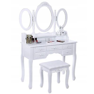 White wooden dressing table - with large mirror - with stool - 90x40x145 cm